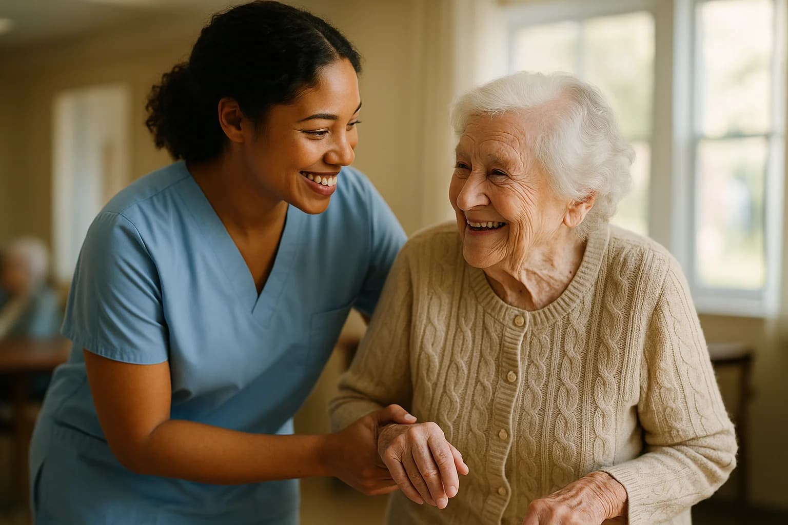 Una asistente de enfermería sonriendo con una residente mayor