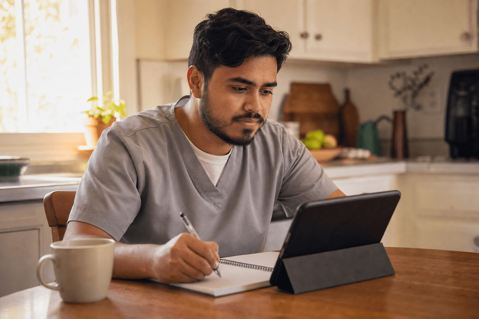 Estudiante de CNA repasando material de estudio en casa